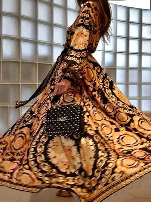 Bohemian V-neck retro positioning flower long-sleeved dress - Image 3