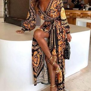 Bohemian V-neck retro positioning flower long-sleeved dress