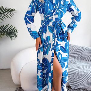 Women's Floral Print Lapel Tie Shirt Dress