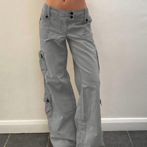 Women's Retro Style Irregular Large Pocket Wide Belt Design Cargo Trousers