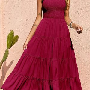 Women's Solid Color Pleated Panel Sleeveless Swing Dress