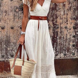 New V-neck long lace stitching elegant dress dress