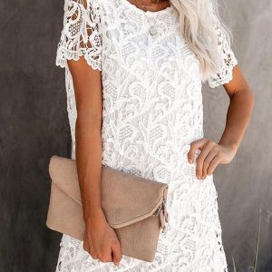 New casual and elegant round neck hollow lace midi dress
