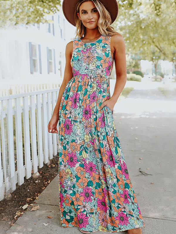 Ladies Floral Print Round Neck Sleeveless Maxi Dress - Image 3