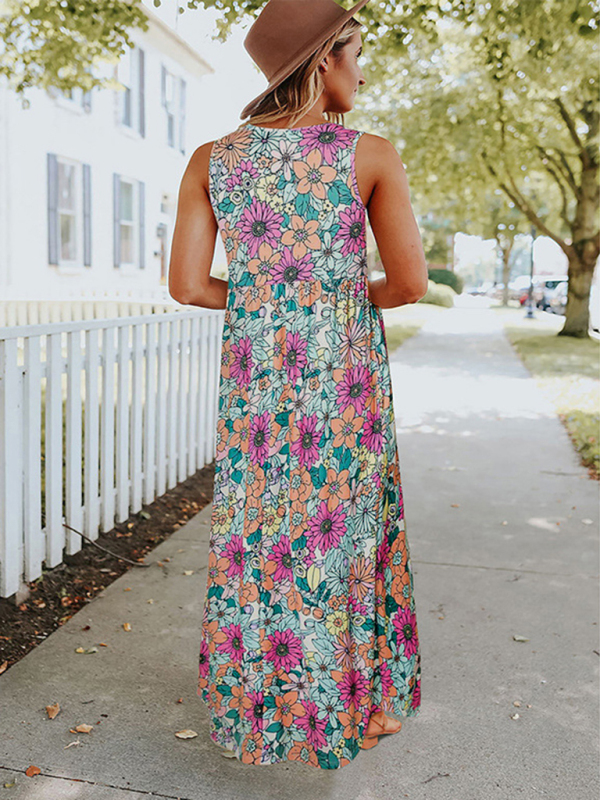 Ladies Floral Print Round Neck Sleeveless Maxi Dress - Image 2