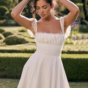 Lace Square Neck Slip Dress Slim Backless White French Dress