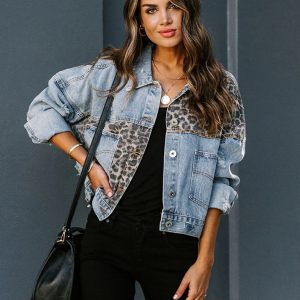 New style leopard print fashion print stitching ripped denim top casual jacket