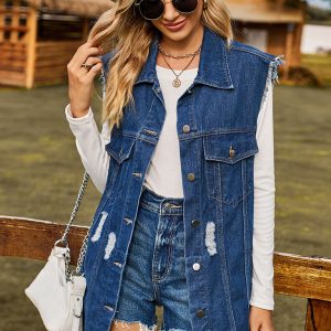 Women's Distressed Denim Sleeveless Jacket