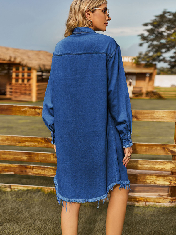 New Retro Washed Denim Loose Casual Long Sleeve Raw Edge Dress - Image 2