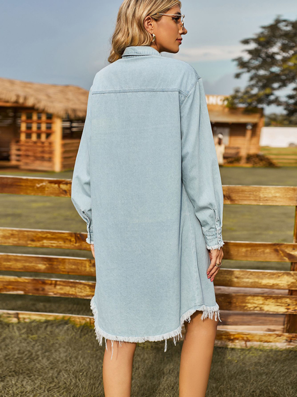 New Retro Washed Denim Loose Casual Long Sleeve Raw Edge Dress - Image 8