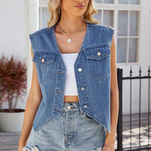 Women's new style washed denim vest cardigan waistcoat