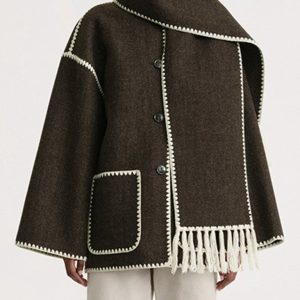 New wool blend coat fringed scarf collar loose woolen coat