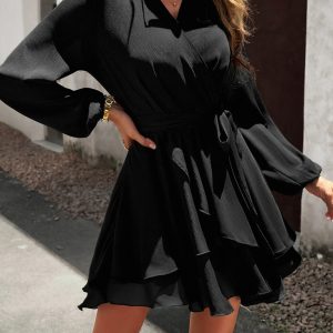 V-neck elegant long-sleeved multi-layered dress
