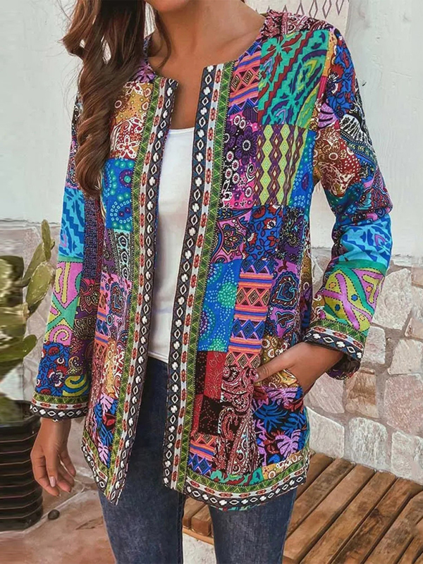 Casual retro cotton and linen printed loose long-sleeved cardigan jacket - Image 5