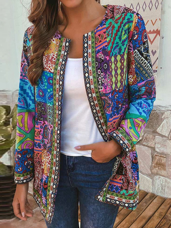 Casual retro cotton and linen printed loose long-sleeved cardigan jacket - Image 6