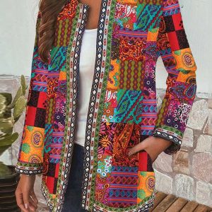 Casual retro cotton and linen printed loose long-sleeved cardigan jacket