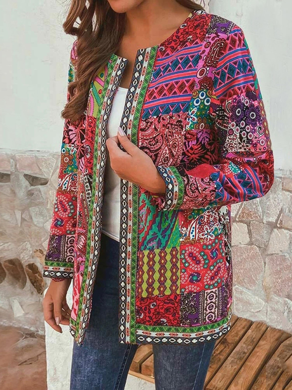 Casual retro cotton and linen printed loose long-sleeved cardigan jacket - Image 4