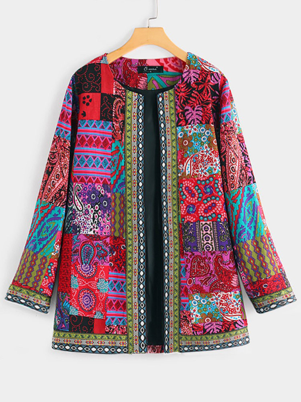 Casual retro cotton and linen printed loose long-sleeved cardigan jacket - Image 2