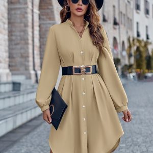 V-neck solid color cardigan long-sleeved waist dress