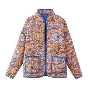 Autumn and winter flower print loose pocket quilted cotton coat for women