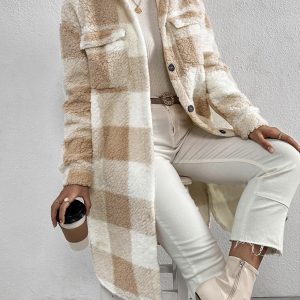Autumn and winter open buckle lapel plush plaid coat loose temperament commuter long coat