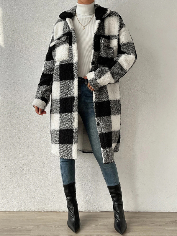 Autumn and winter open buckle lapel plush plaid coat loose temperament commuter long coat - Image 14