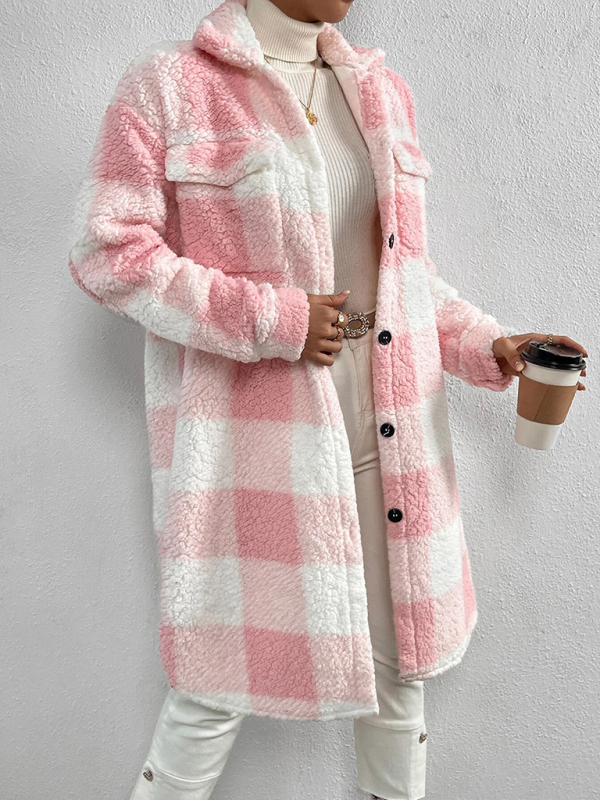 Autumn and winter open buckle lapel plush plaid coat loose temperament commuter long coat - Image 8