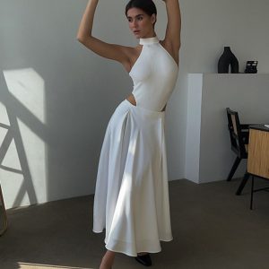 Elegant high-waisted satin satin long skirt