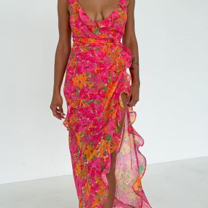 Floral Ruffle V-Neck Maxi Dress