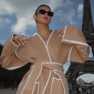 New V-neck lace-up cardigan jacket belt lace design jacket jacket