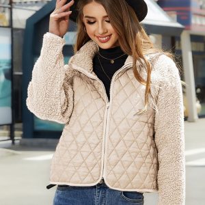 New cardigan zipper long sleeve plush patchwork jacket