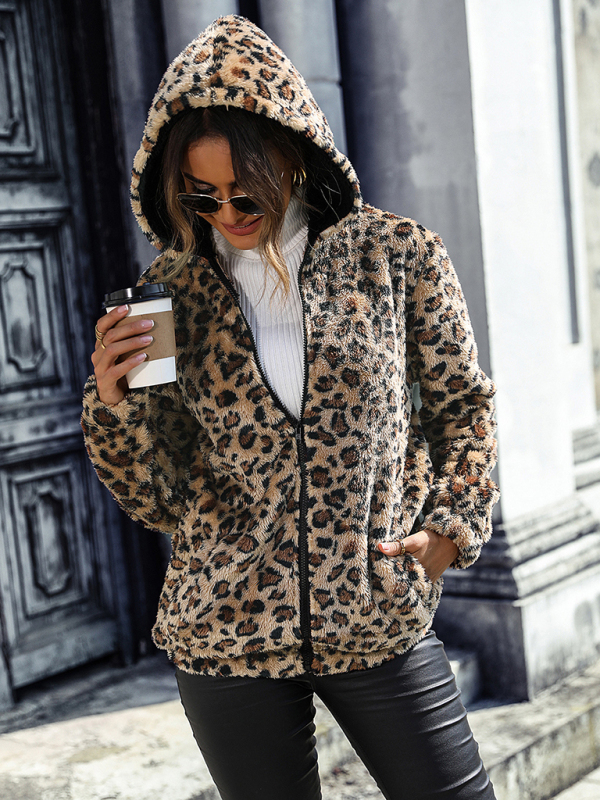 Women's hooded long-sleeved leopard print mid-length loose casual jacket - Image 4