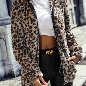 Women's hooded long-sleeved leopard print mid-length loose casual jacket