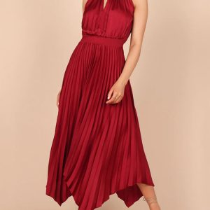 New women's folded solid color sleeveless halterneck V-neck irregular skirt dress