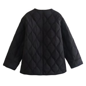 Women's fashionable round neck loose rhombus cotton coat with extended thread