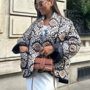 New fashionable printed fake two-piece contrasting color small stand-up collar cotton coat