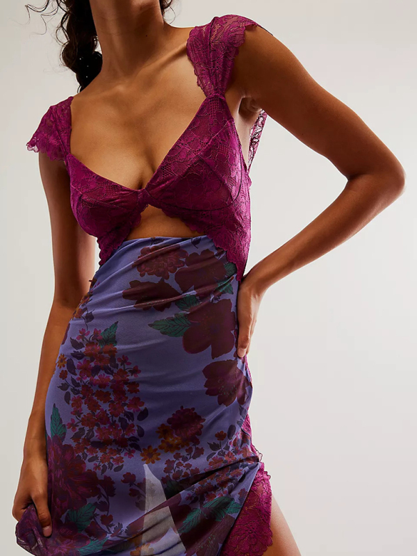 Women's Gentle Lace Straps Spliced Slit Long Dress - Image 12