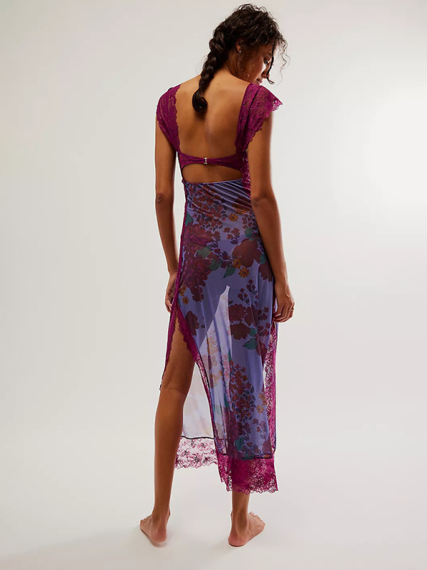 Women's Gentle Lace Straps Spliced Slit Long Dress - Image 11