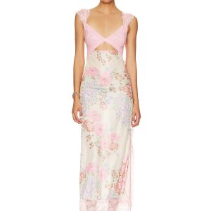 Women's Gentle Lace Straps Spliced Slit Long Dress