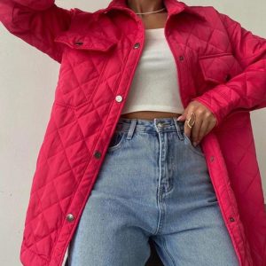New style women's long buttoned lapel loose warm rhombus cotton jacket