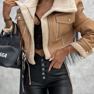 Women's new lamb wool short coat zipper motorcycle style jacket top