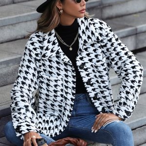 Women's Plush Women's Long Sleeve Loose Houndstooth Jacket