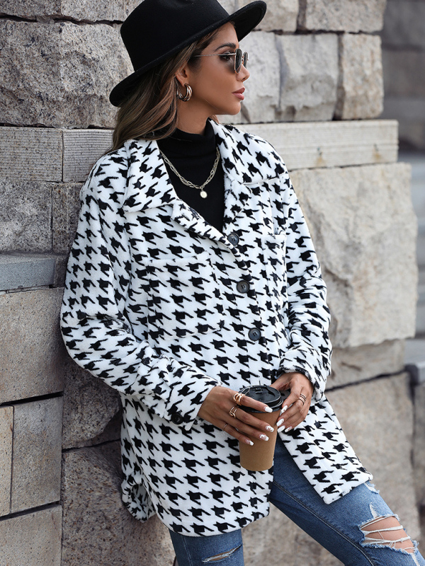 Women's Plush Women's Long Sleeve Loose Houndstooth Jacket - Image 4