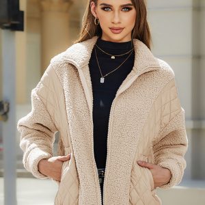 Long Sleeve Cardigan Zippered Plush Patchwork Women's Jacket