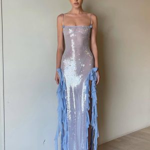 Women's sexy long dress with sequined ear-trimmed three-dimensional flower suspender dress