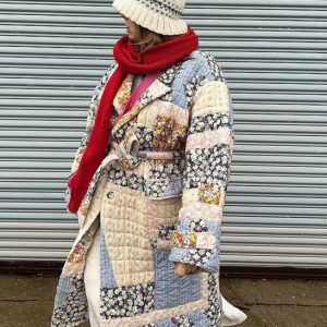 Women's printed belted long quilted jacket