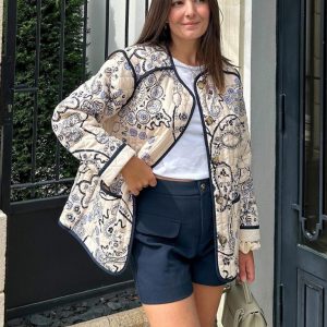 New women's retro patchwork printed cotton coat O-neck long sleeve pocket short coat