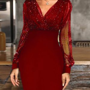 Mesh V-neck sequined long-sleeved dress slim dress for women