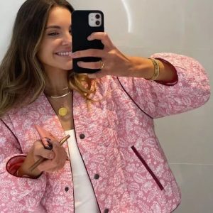 New women's pink printed patchwork cotton coat loose cotton coat