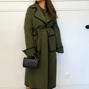 Women's new long-sleeved lapel wool lace-up coat